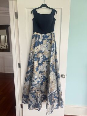 John Paul Ataker Navy Bodice Maxi Dress with Blue and Gold Jacquard Skirt